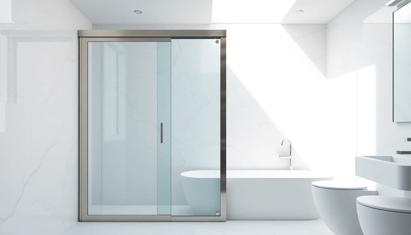 Showcase a sleek shower screen sliding door highlighting modern bathroom design.