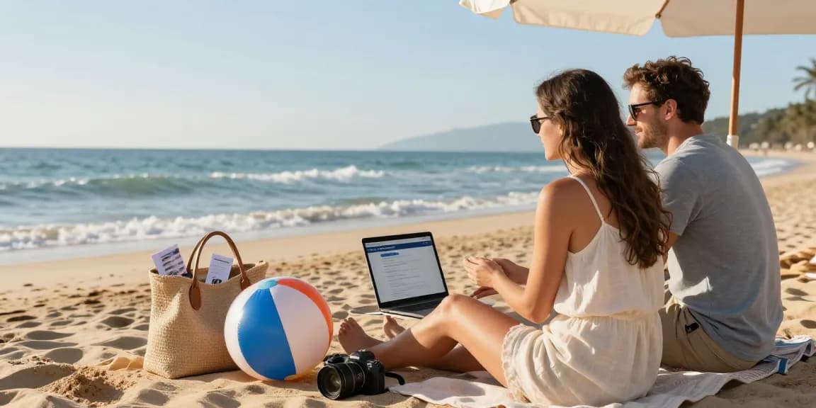 Couple by the beach discussing how can you get rid of a timeshare while reviewing cancellation options on their laptop.