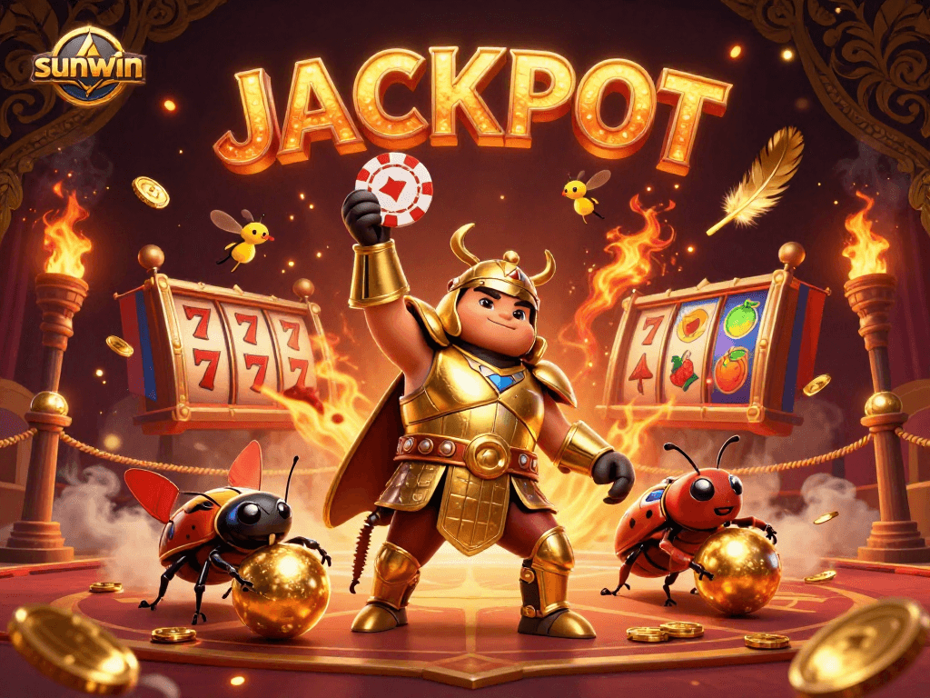 Experience the thrill with sunwin in this vibrant jackpot celebration featuring a hercules beetle and casino elements.
