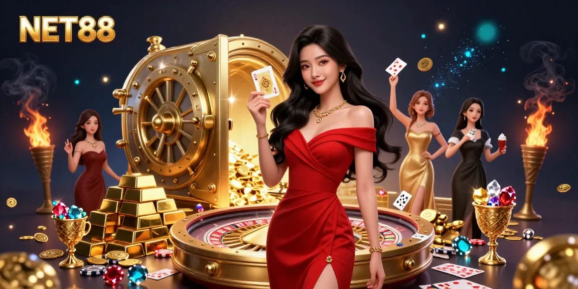 Win big at NET88 with this vibrant casino scene featuring a confident dealer and glamorous game elements.