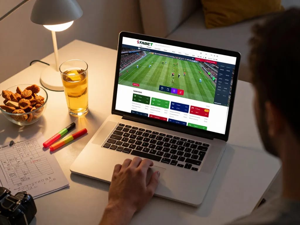 Betting on FABET's platform while enjoying a home setup with snacks and strategy notes.
