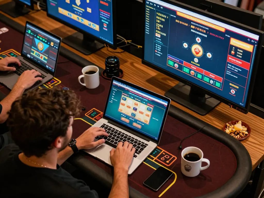 Player engaged in strategic online gaming at Good88, enjoying live baccarat on laptop with snacks.