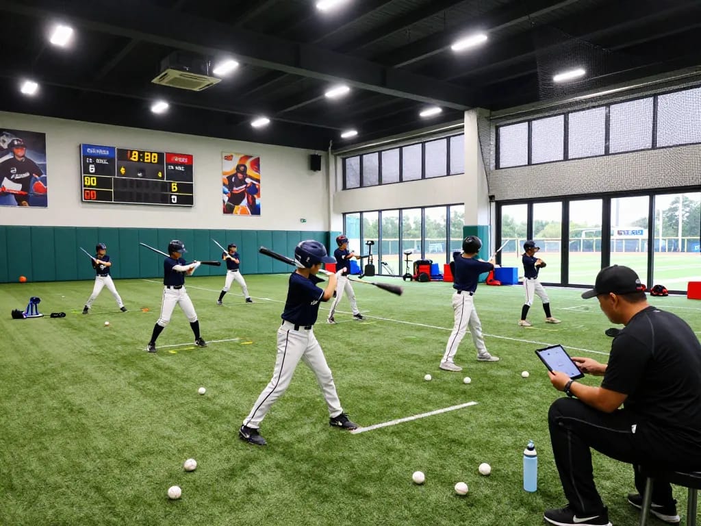 Youth athletes training at hitclub baseball facility focusing on batting practice with coaches