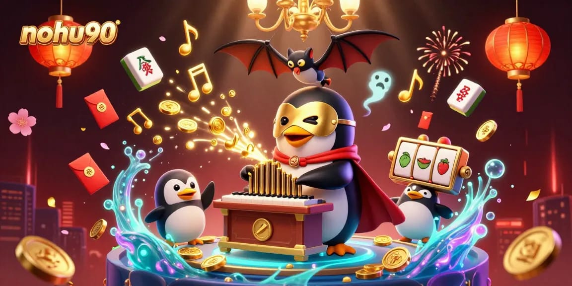 Nohu90 attracts players with its captivating casino scene featuring a penguin playing a golden pipe organ.