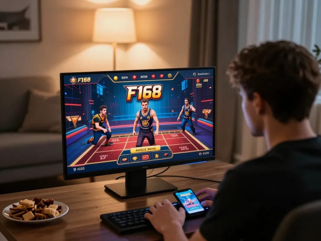 Player engaging in online gambling at F168, focused on gaming screen with snacks around.