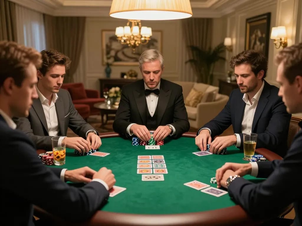 VU88 poker players focused on strategy with chips stacked high, luxury home setting.