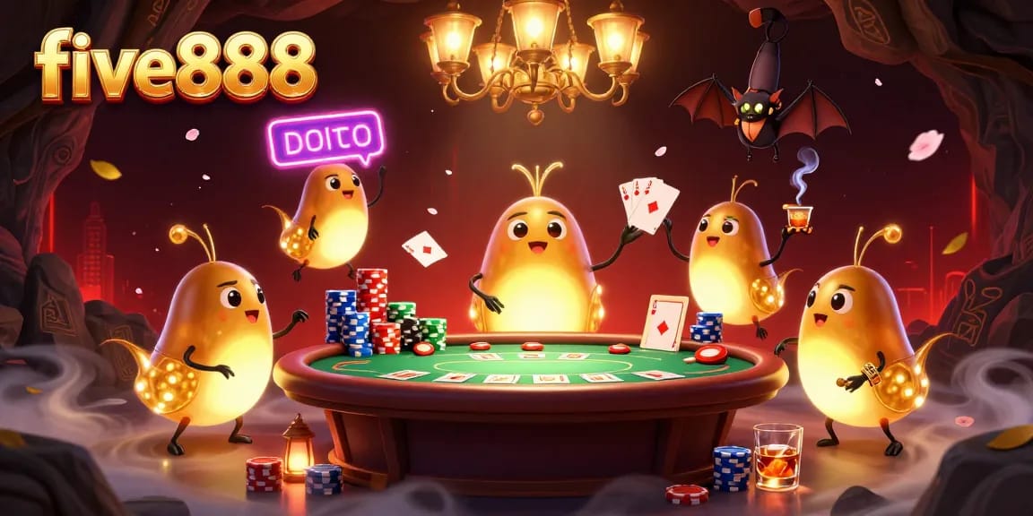 Engage in thrilling casino action with five888, featuring a vibrant 3D glowworm casino scene with poker and lively characters.