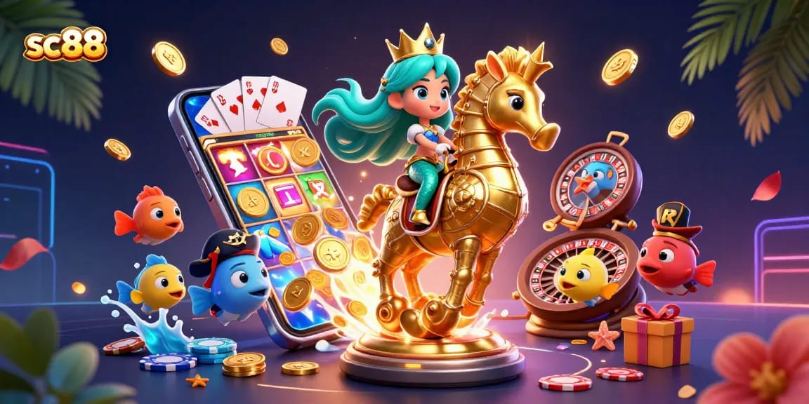 Win big with sc88 in this lively 3D scene showcasing a mermaid and vibrant casino elements.