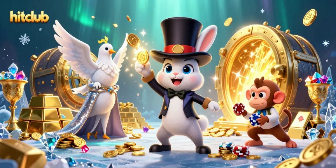 Experience hitclub's dazzling casino magic as a rabbit pulls golden coins from a top hat amidst a treasure scene.