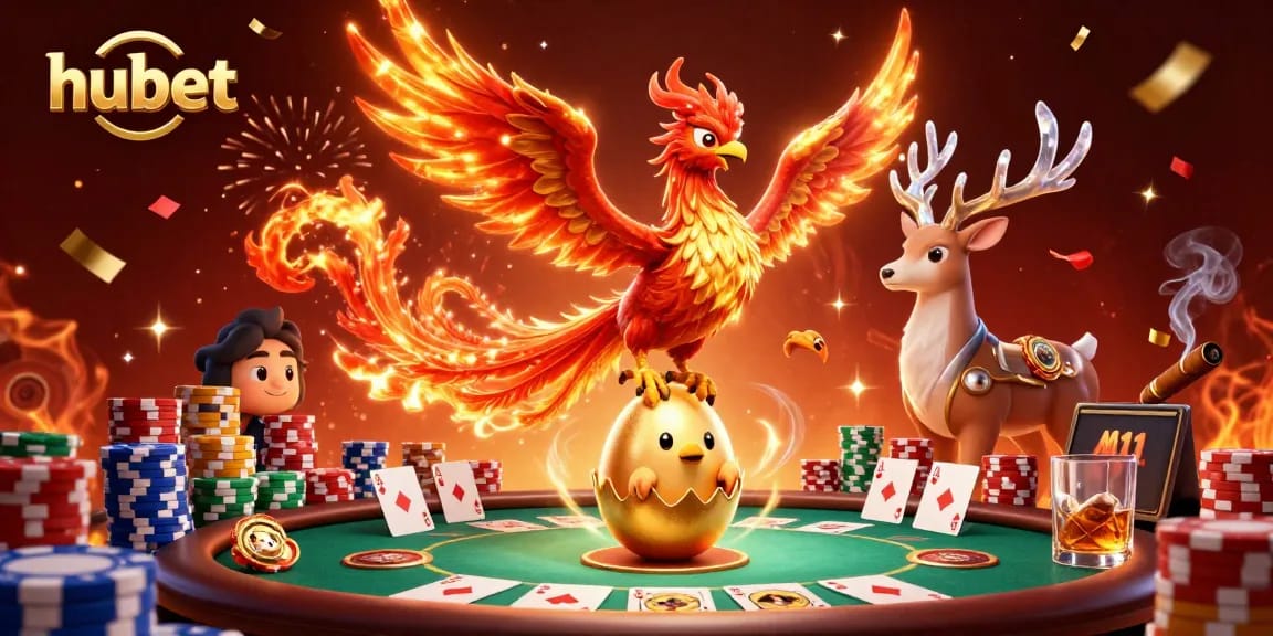 Experience excitement at hubet with a vibrant 3D illustration of phoenixes, poker chips, and casino elements.