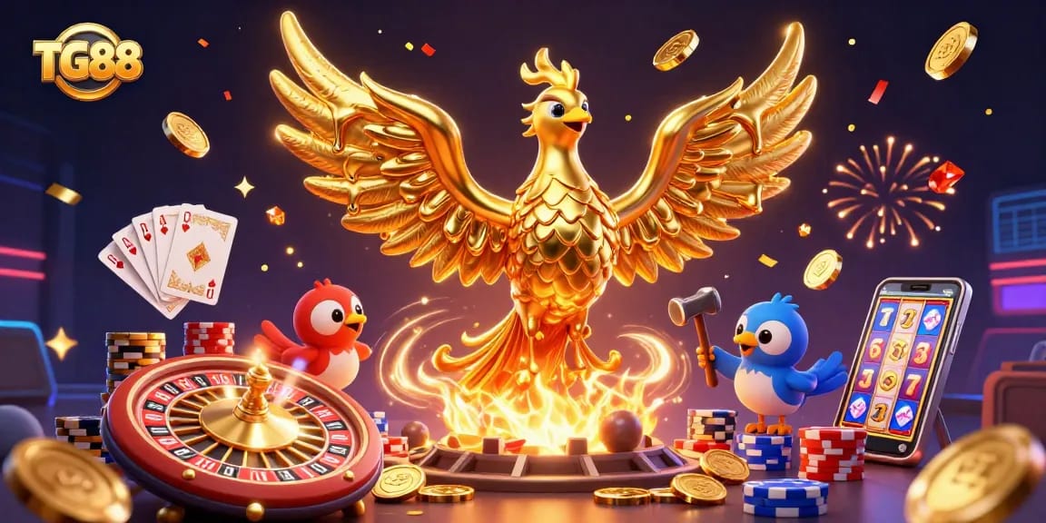 Experience the thrilling world of TG88 with a golden phoenix and dynamic casino elements bursting to life.