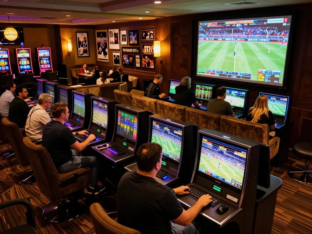 Exciting sports betting scene at kp88.com with fans engaged at high-tech betting terminals
