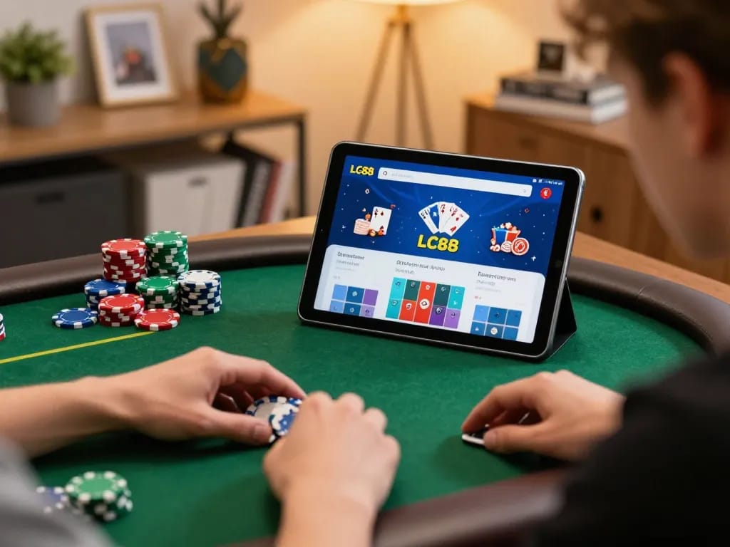 LC88 player strategizing poker moves on a tablet in a cozy home setting