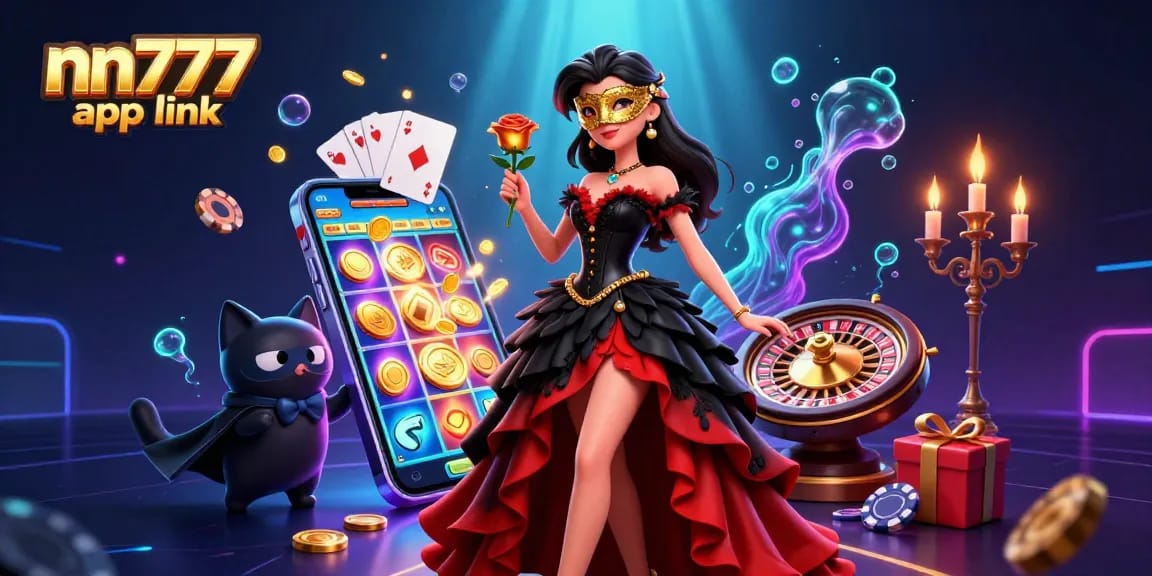 Engage with the nn777 app link featuring a glamorous woman, dynamic gaming elements, and luxurious casino ambiance.