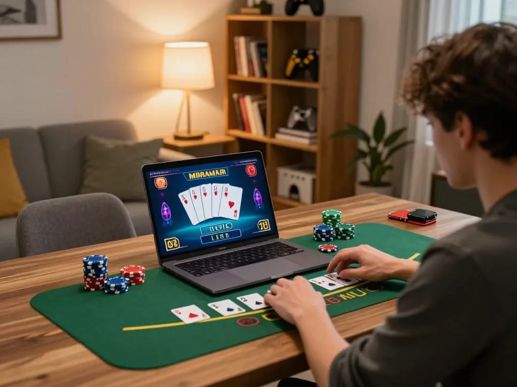 Suncity player engaging in strategic online blackjack gameplay at home.