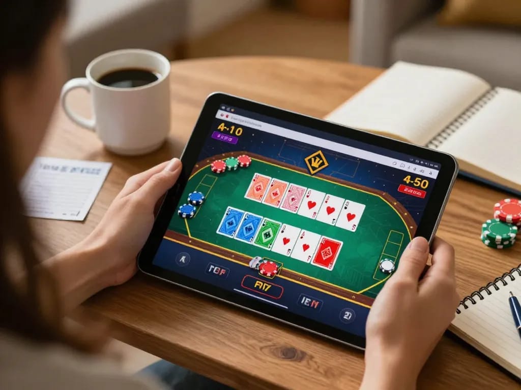 Engaging gaming session on 888b app with player immersed in online poker action at home.