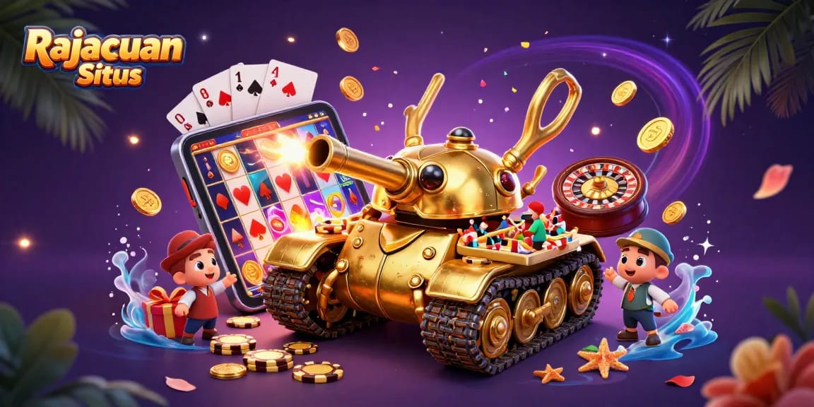Rajacuan Situs menyajikan pengalaman kasino dengan desain kasino mini di dalam tank emas.