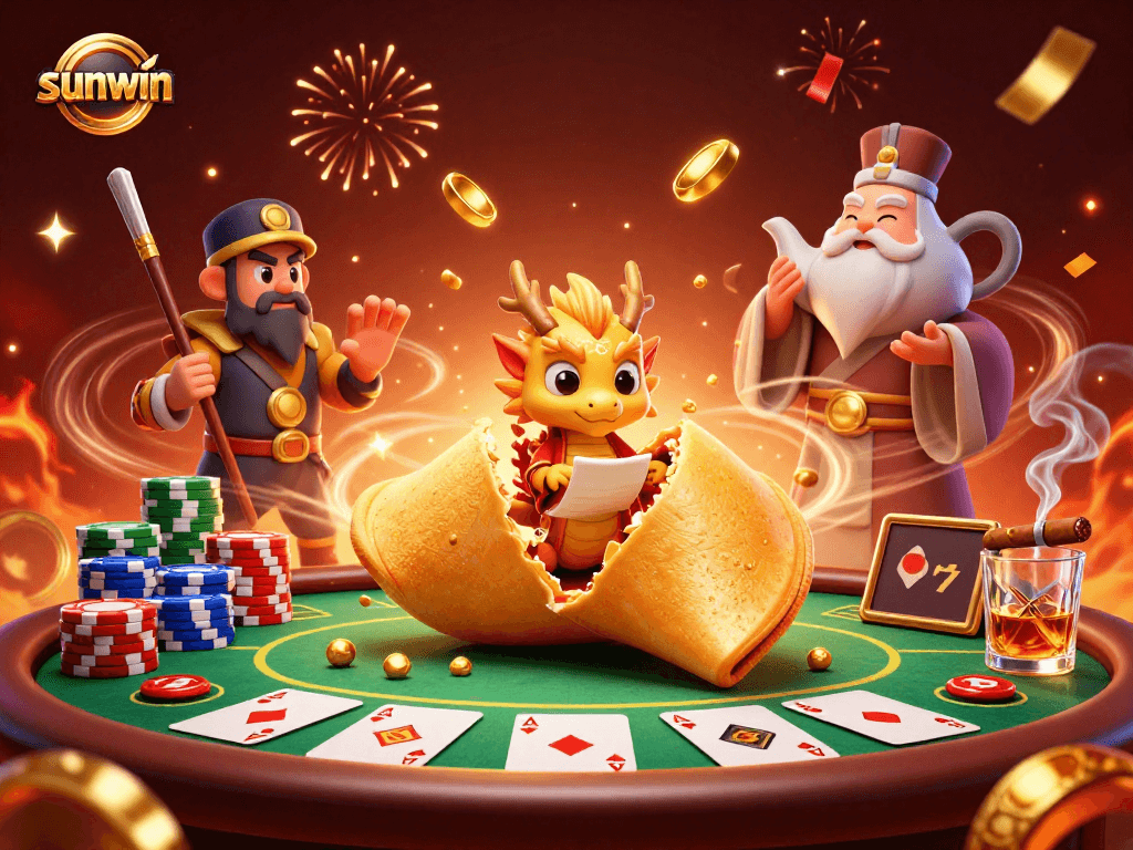 Experience winning moments at sunwin with a vibrant 3D casino illustration featuring golden fortunes and poker.