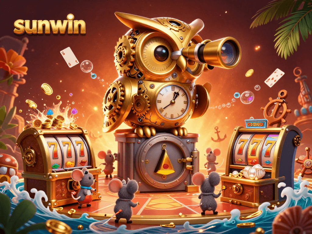 Engage in winning slot action with sunwin's vibrant casino scene featuring animated characters and treasure.