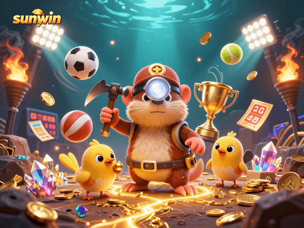 Bet on sunwin with a 3D treasure hunter mole and sports elements in an exciting casino scene.