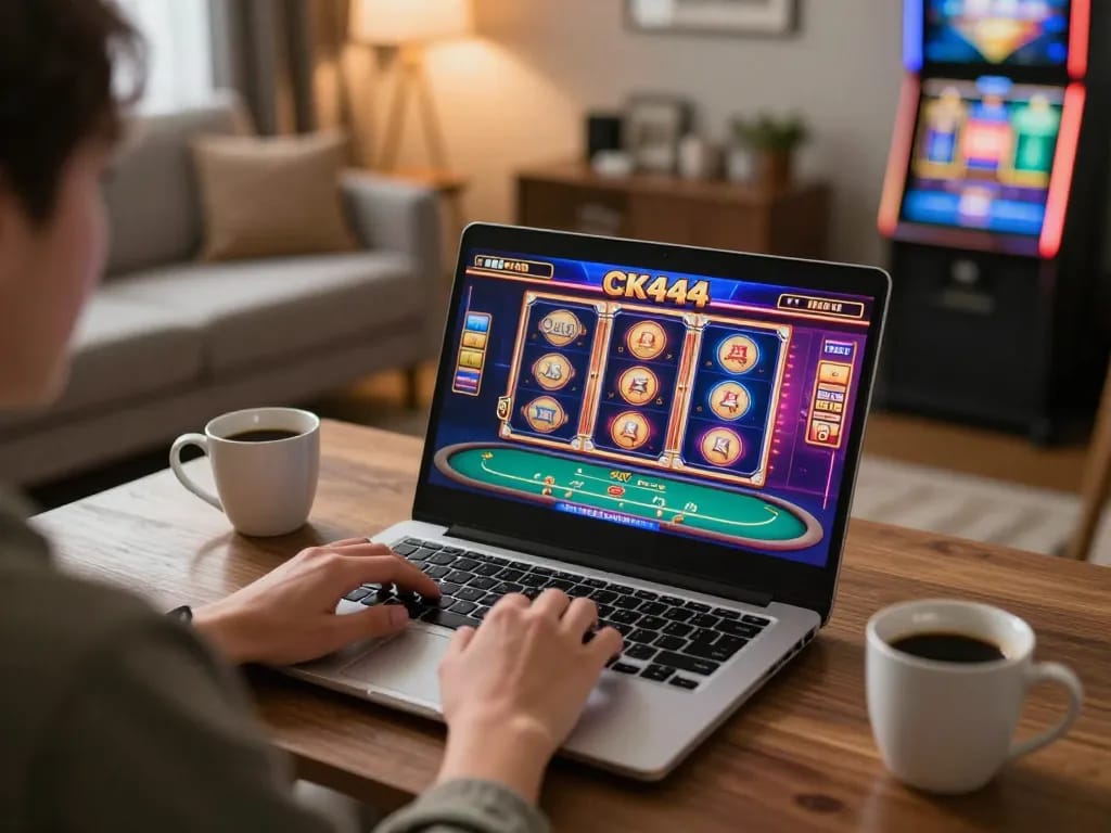Player enjoying online gaming on CK444, showcasing vibrant casino gameplay on laptop.