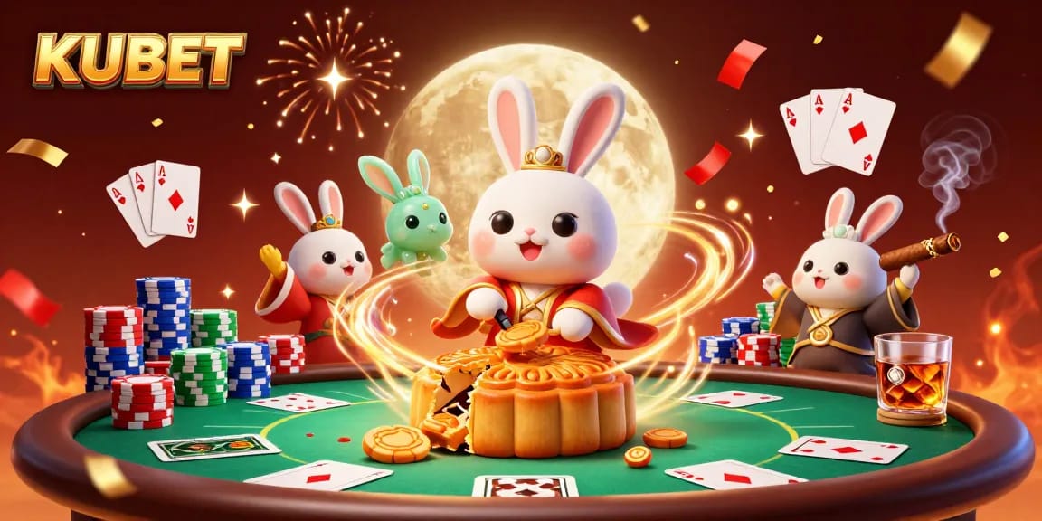 KUBET casino celebrates wins at a magical moonlit poker scene with rabbit and luxury details.
