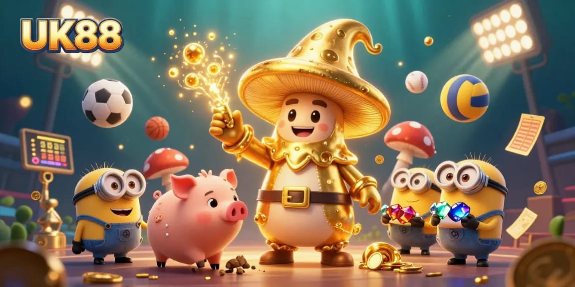 Experience UK88's thrilling gaming atmosphere with golden wizard magic and sports excitement