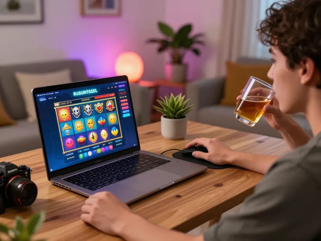 Player enjoying their rusuntogel online gaming experience on a laptop in a cozy living room setting.