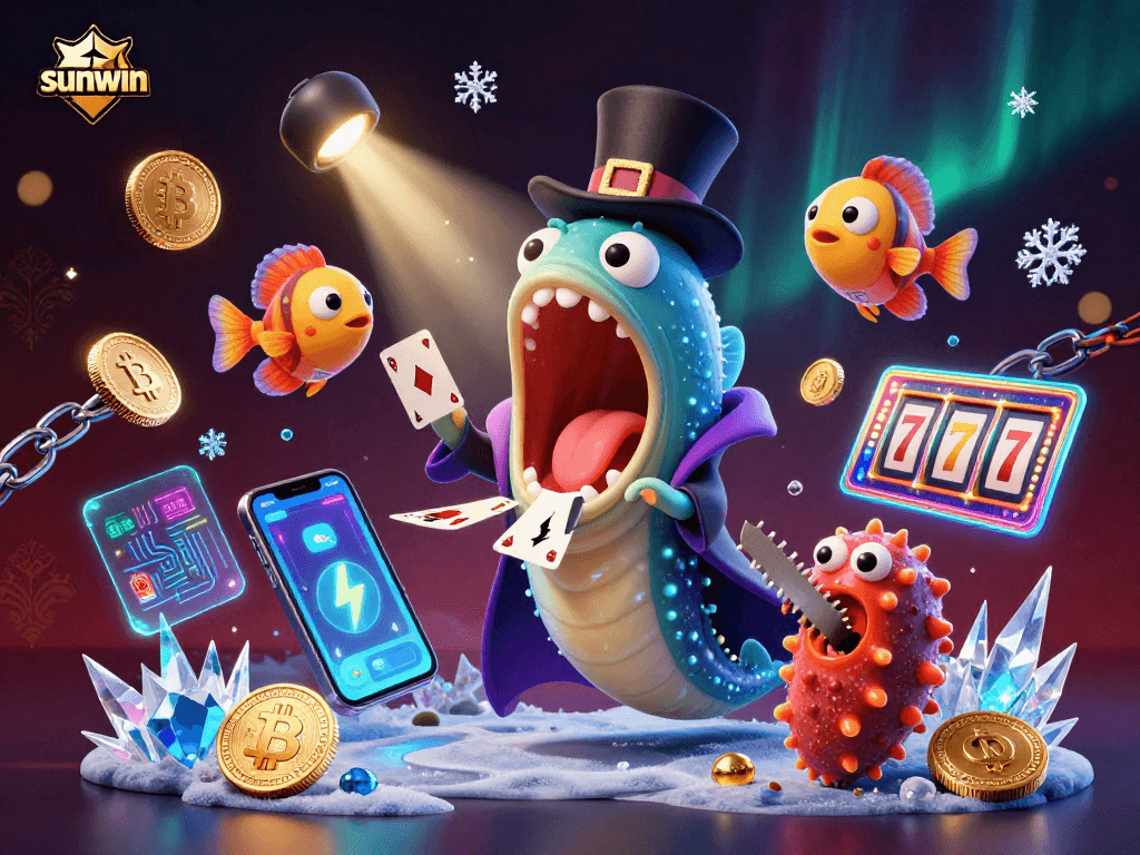Experience sunwin with a magical casino scene featuring animated deep-sea creatures and cryptocurrency elements.