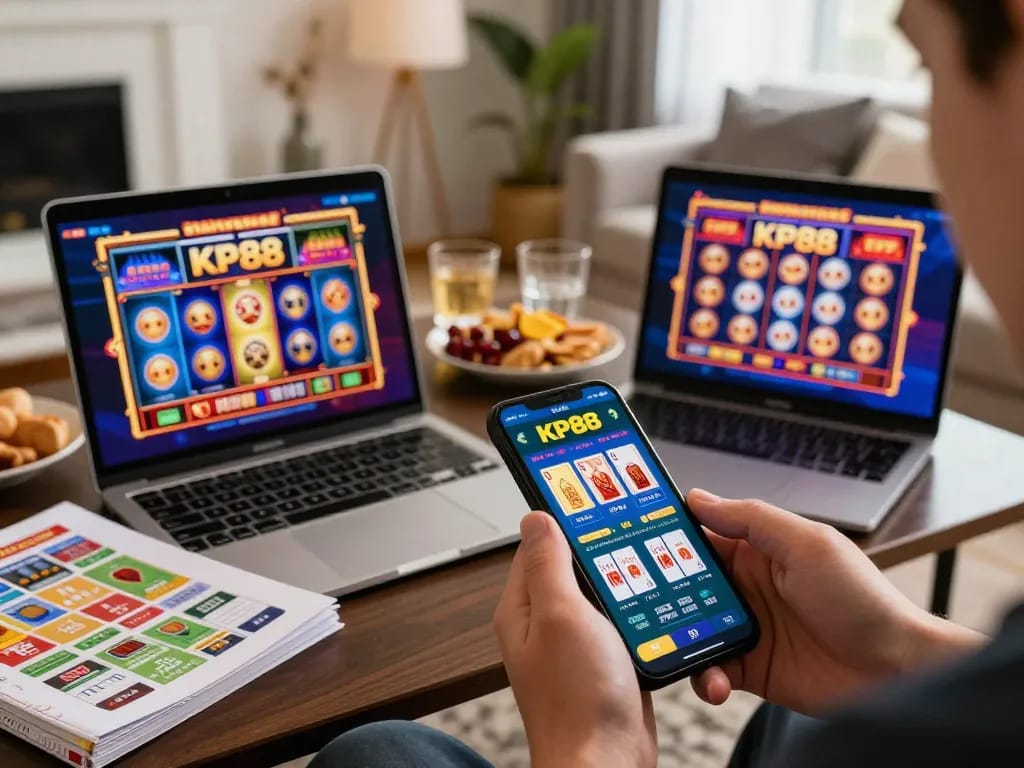 Player enjoying KP88 app on smartphone during home gaming session
