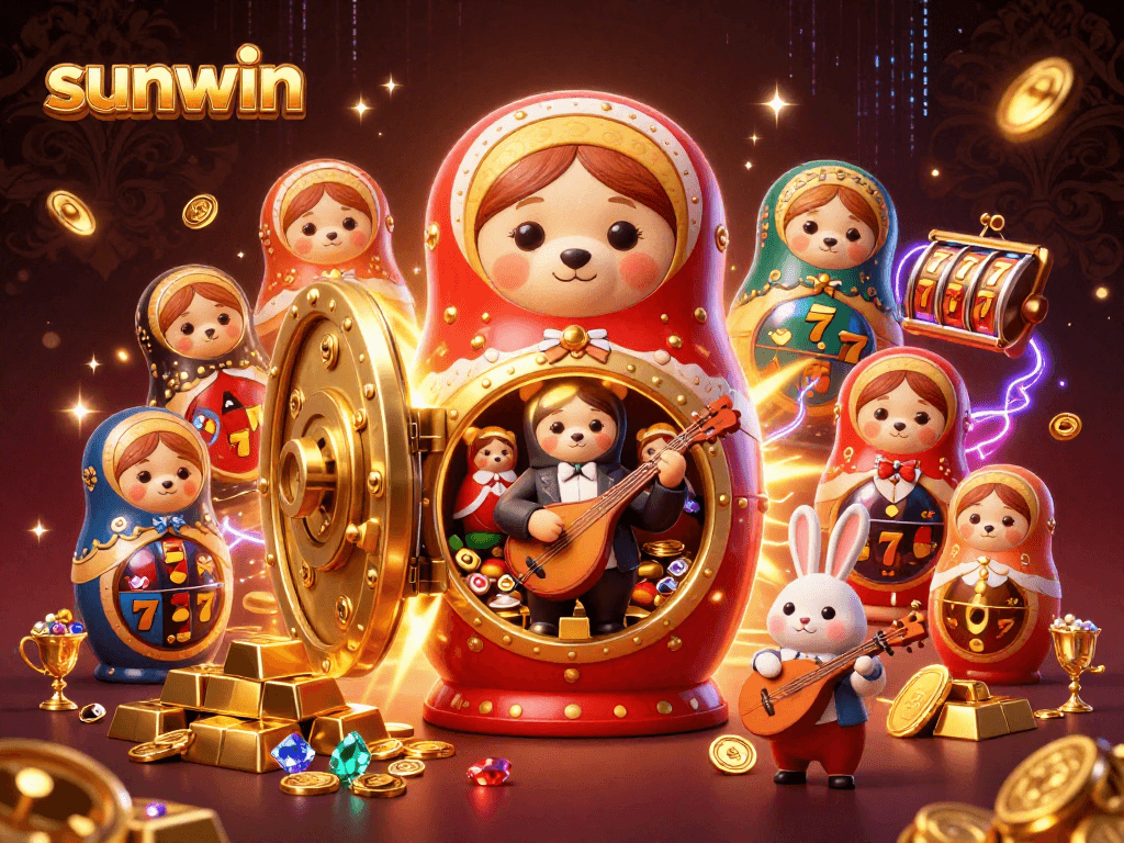 Engage with sunwin's vibrant 3D casino scene filled with dazzling treasures and cheerful characters.