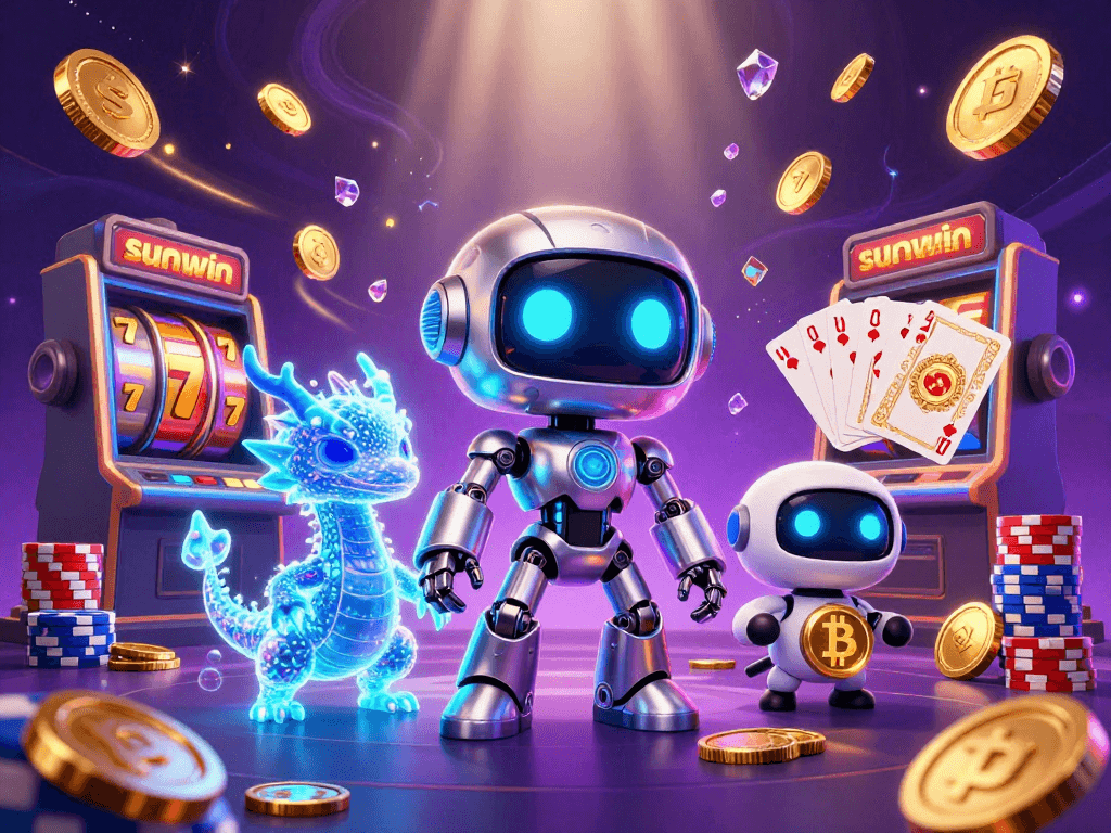 Play dynamic slots at sunwin with futuristic characters and vibrant casino elements.