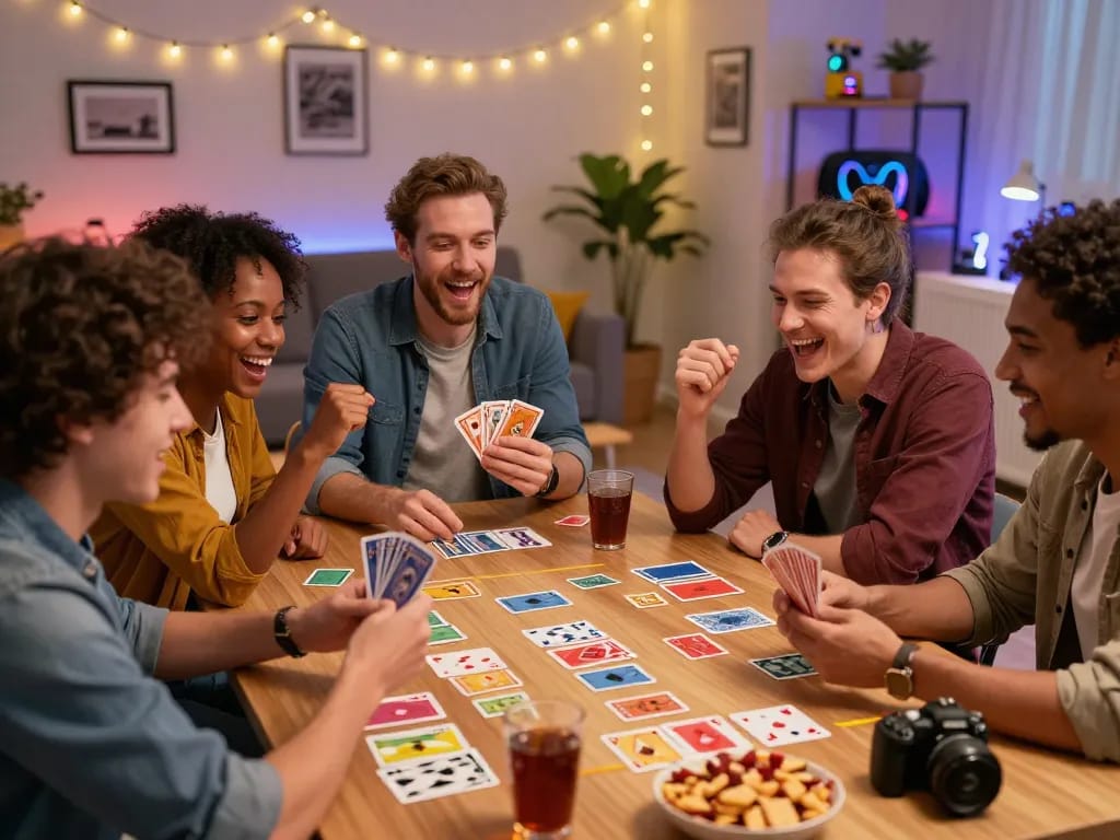 Engaging scene of friends playing 789 club card game at home, laughter and snacks creating a vibrant atmosphere.