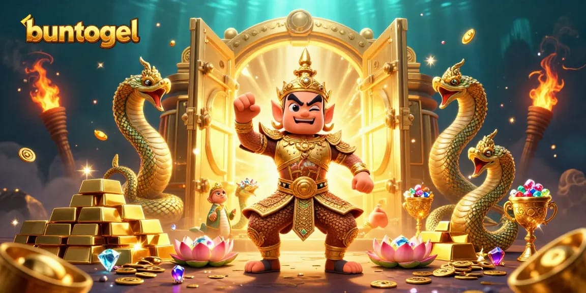 Bet big with buntogel, featuring a vibrant illustration of guardians and treasures in a magical casino.