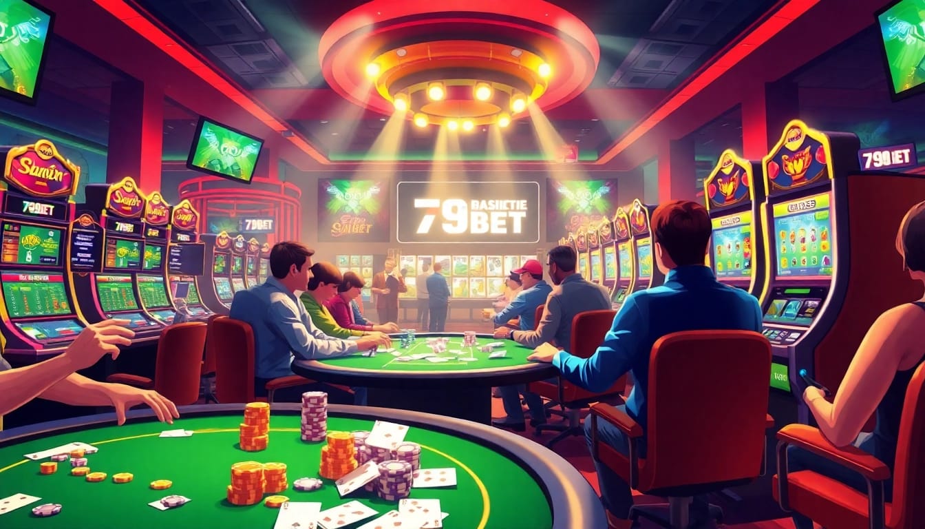 Experience thrilling online gambling at https://789beta2.com/ with a dynamic casino scene showcasing poker, sports betting, and slot machines.