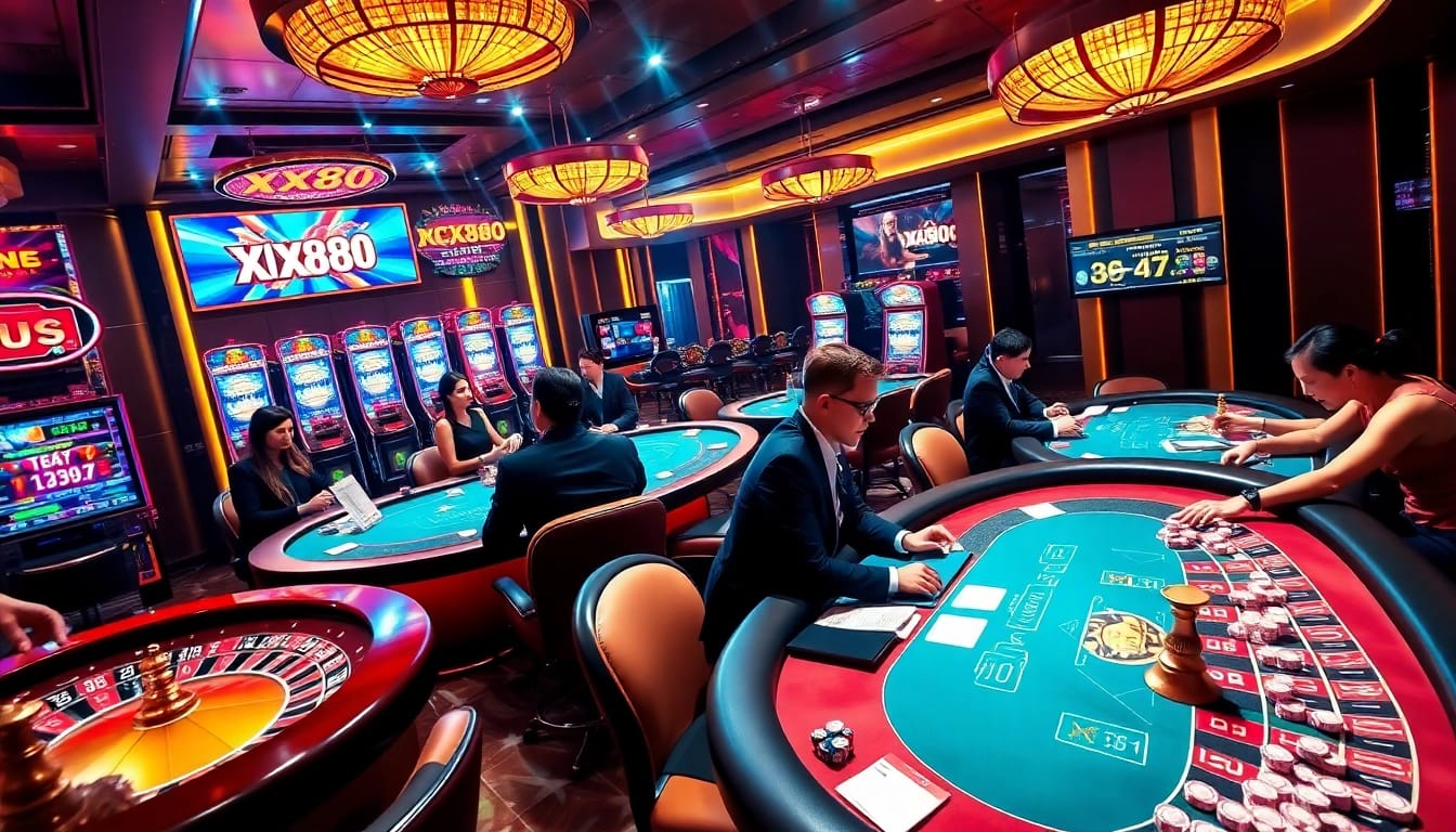 Experience the excitement of XX88 casino gaming with vibrant poker tables and slot machines.