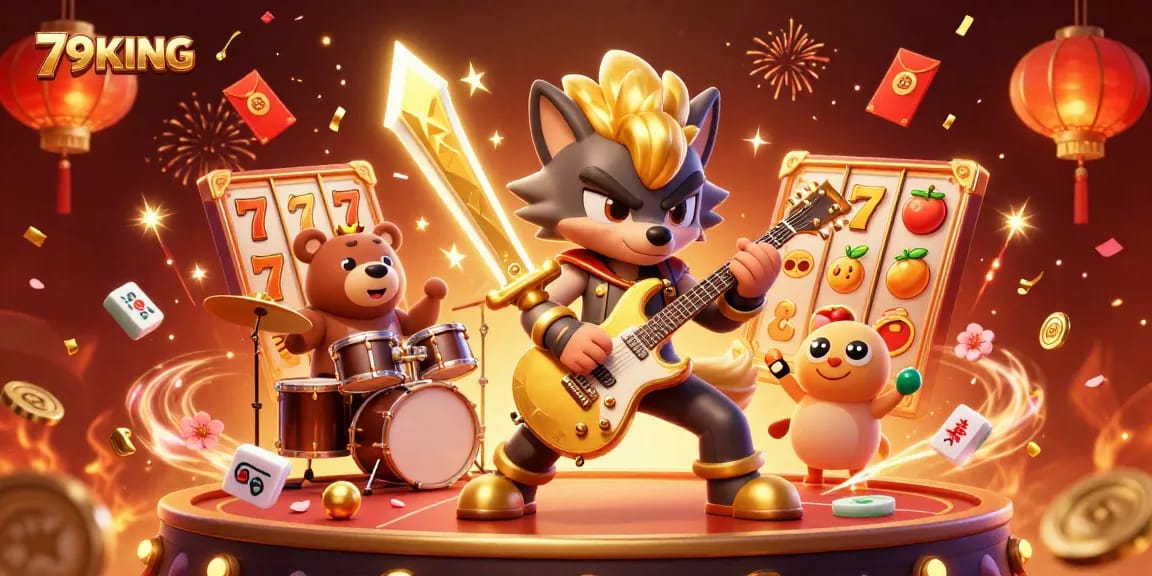 Experience thrilling gaming at 79KING with a vibrant illustration featuring a rock star wolf and drummer bear in a lively casino.