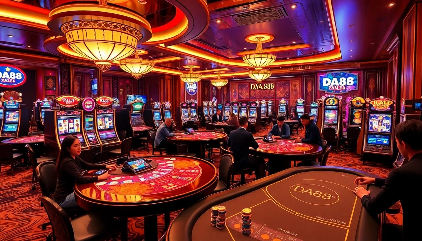 Players enjoying thrilling games at DA88's luxurious casino tables, experiencing high-stakes excitement.