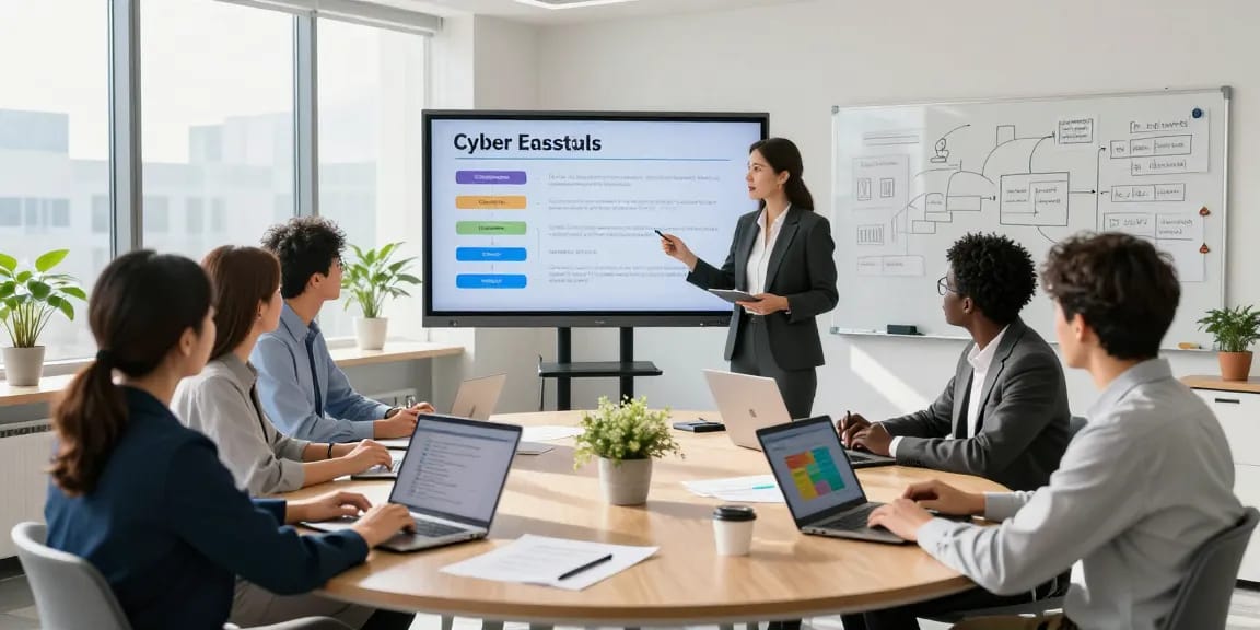 Cyber Essentials certification meeting in a modern office with a diverse team discussing cybersecurity strategies.