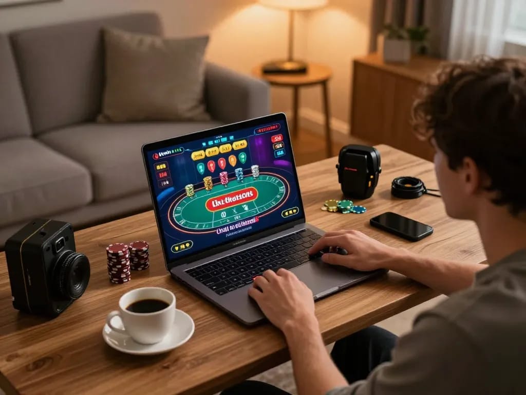 Player enjoying kkwin online casino games on a stylish laptop in a cozy home atmosphere.