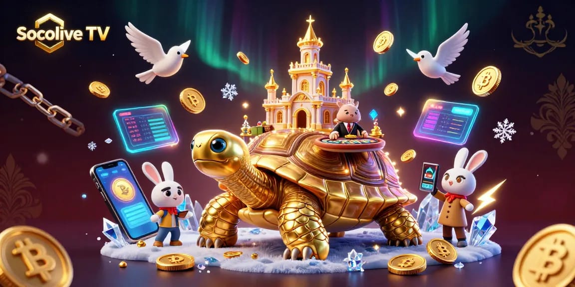 Socolive TV captures thrilling gaming moments with a cartoon golden tortoise casino scene filled with vibrant elements.
