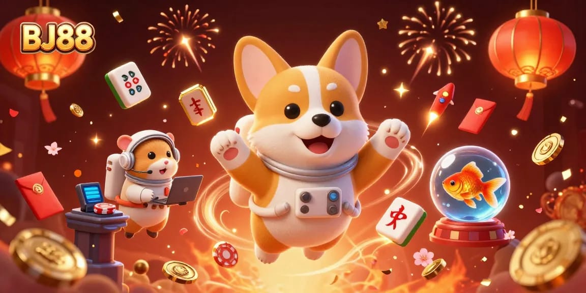 Engage with BJ88's vibrant casino scene featuring playful characters in an exciting gambling environment.