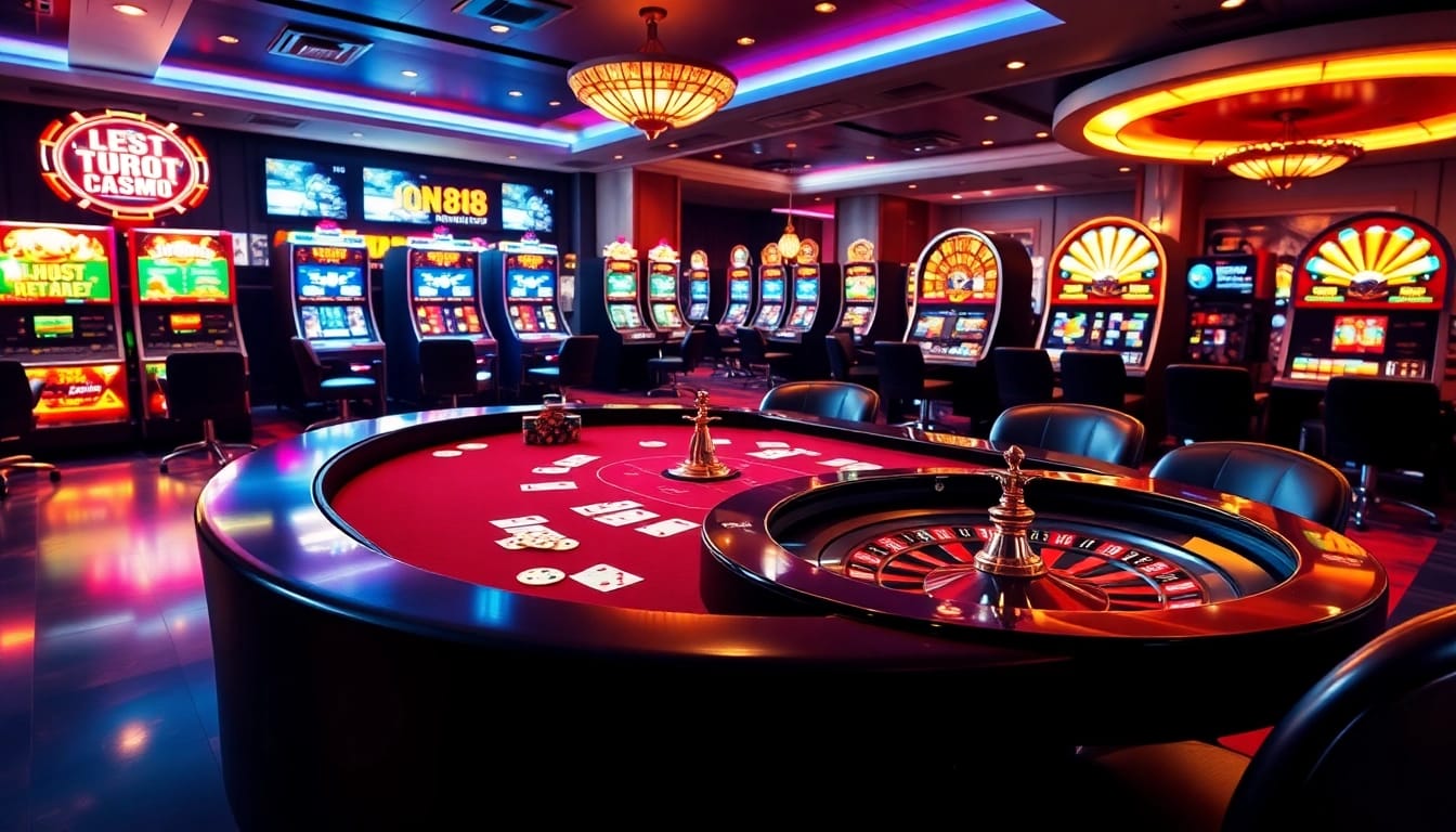 Experience exciting gaming action at jun88 with a vibrant casino atmosphere featuring poker and roulette.