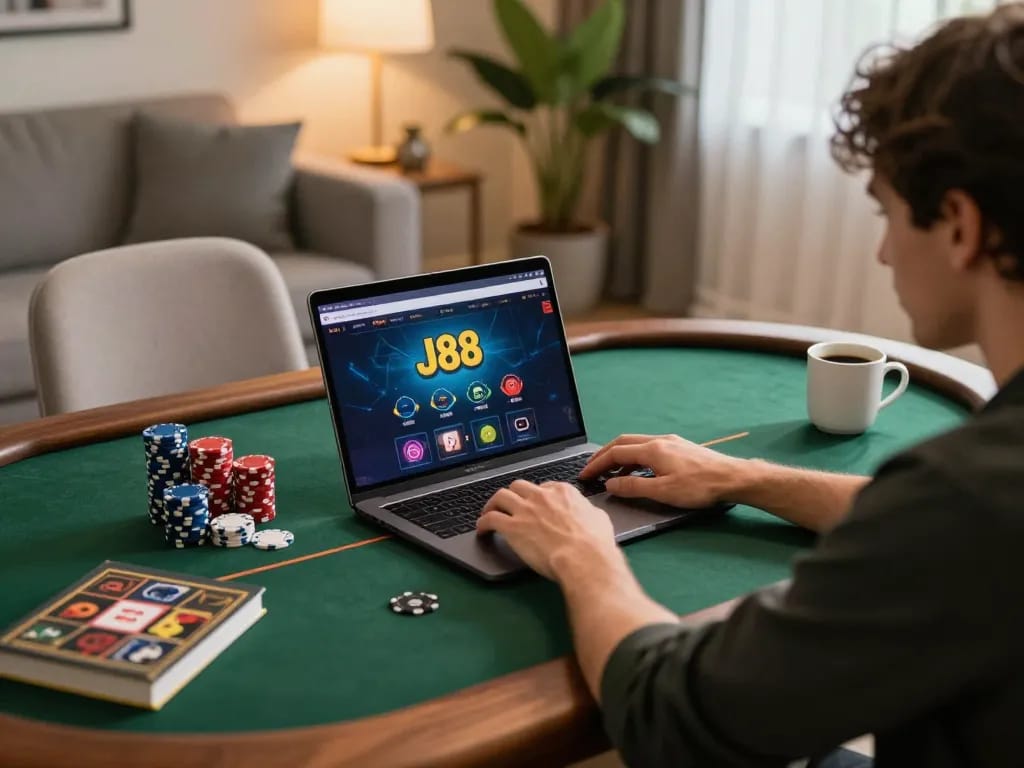 Engaging in strategic online gaming at J88 with a cozy home setup and ambient lighting.