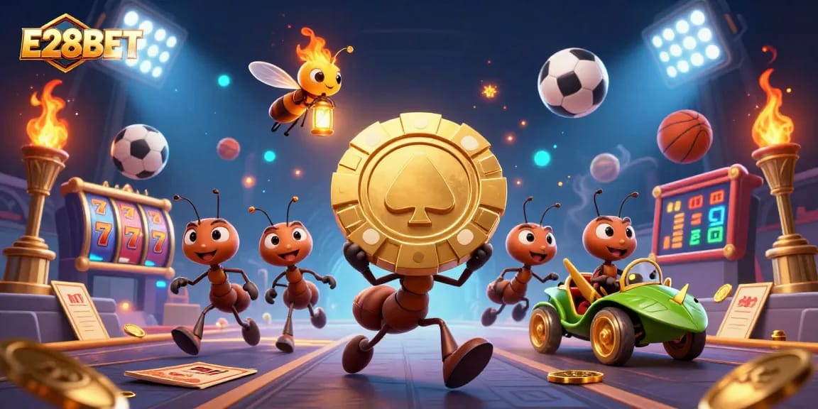 E28BET enhances your gaming experience with vibrant casino action featuring cartoon ants and sports elements.