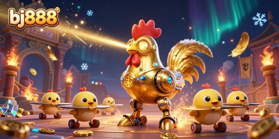 Experience the excitement of gaming at bj888 with a vibrant 3D scene featuring a golden rooster and drones.