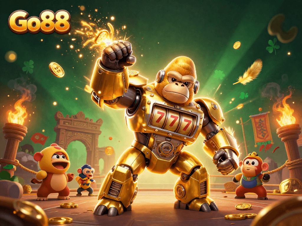 Experience thrilling gaming at Go88 with a stunning golden gorilla mech and dynamic casino elements.