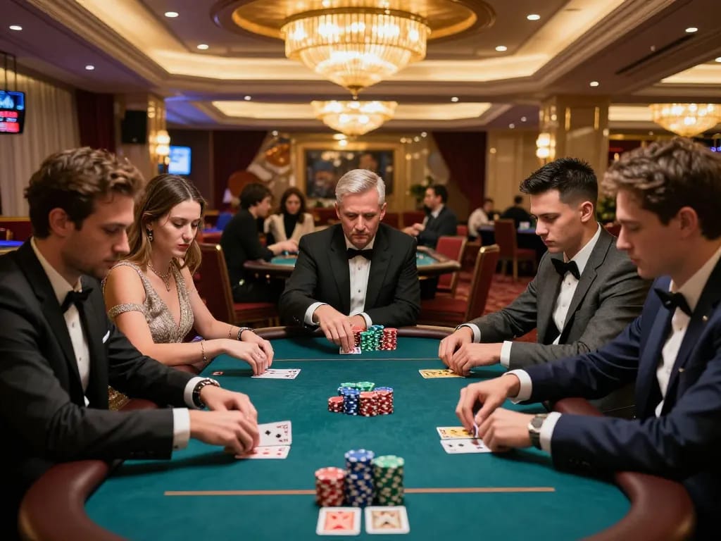 Players intensely focus on their cards during a DA88 high-stakes poker game at a luxurious casino.