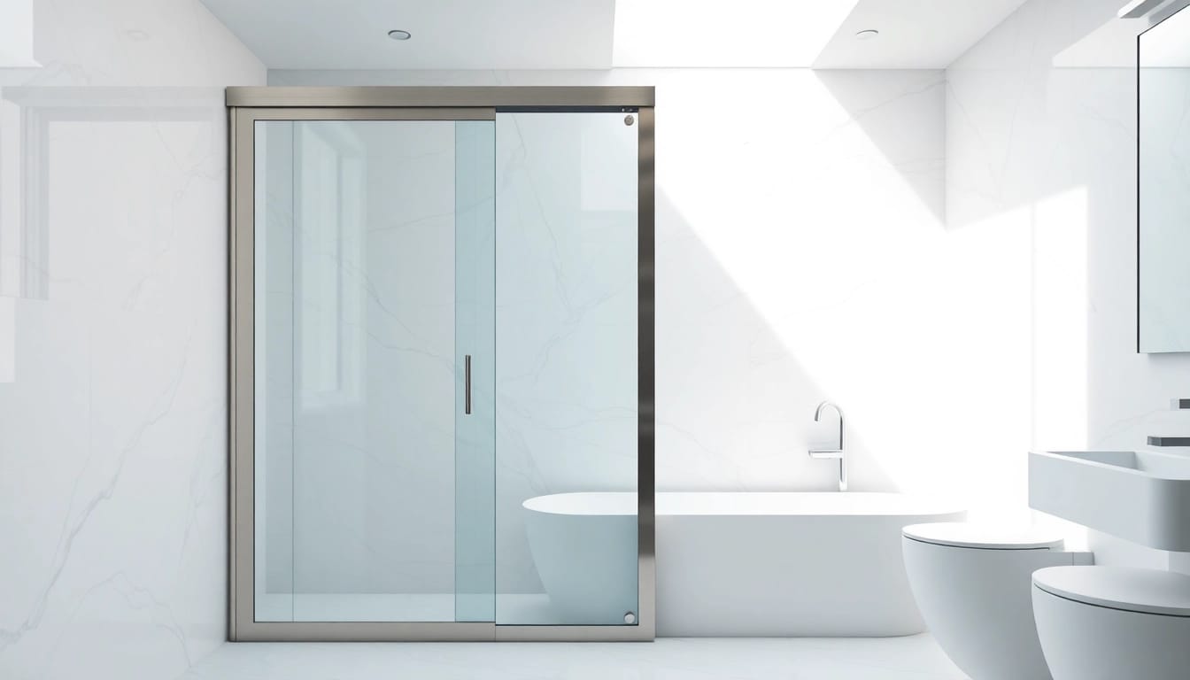 Showcase a sleek shower screen sliding door highlighting modern bathroom design.