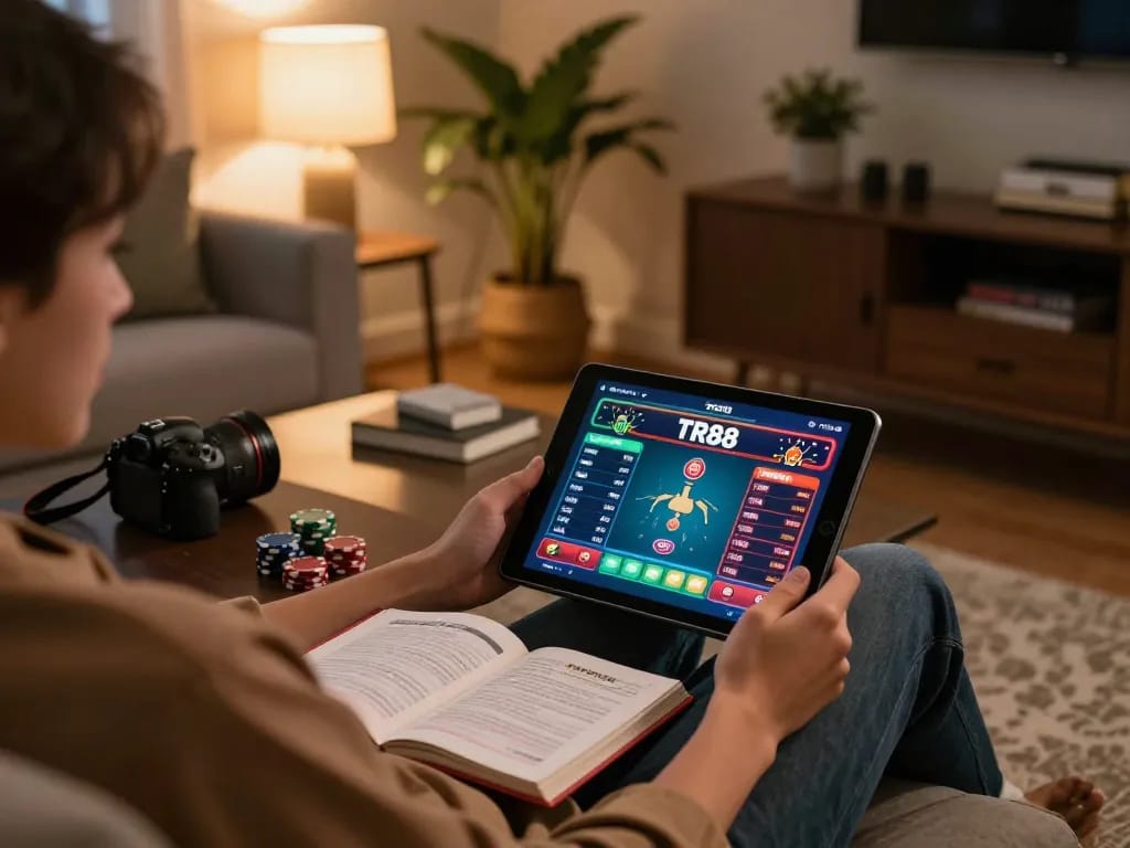 Engaging poker gameplay on TR88 with vibrant graphics in a cozy home setting.